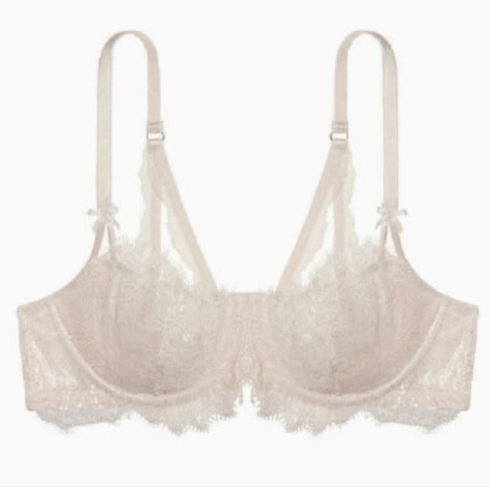 NWT Victoria's Secret Pink Cream Nude Shine Metallic Silver Lace Bridal Bra 32DD